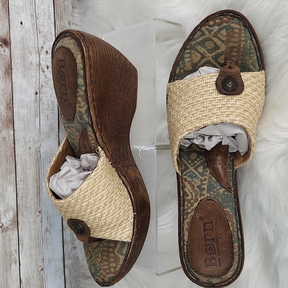 Born, Beige leather straw W62238 wedge platform Thong Sandal Shoes Sz 8/39 - Picture 2 of 7